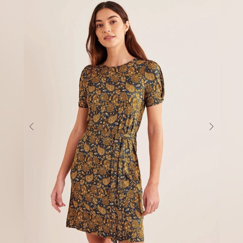 Boden Black Floral Midi Knot Detail Jersey Dress Harvest Gold Paisley Terrace